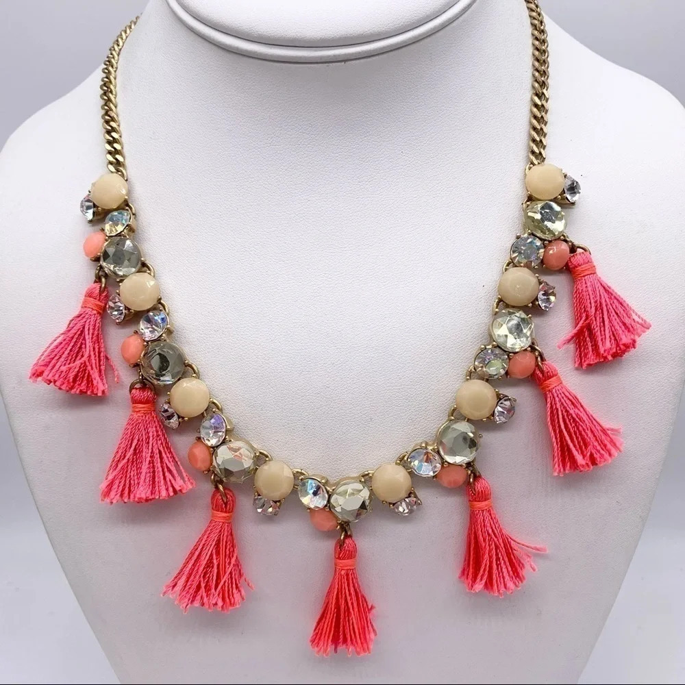 J. Crew Jeweled Pink Tassel Necklace